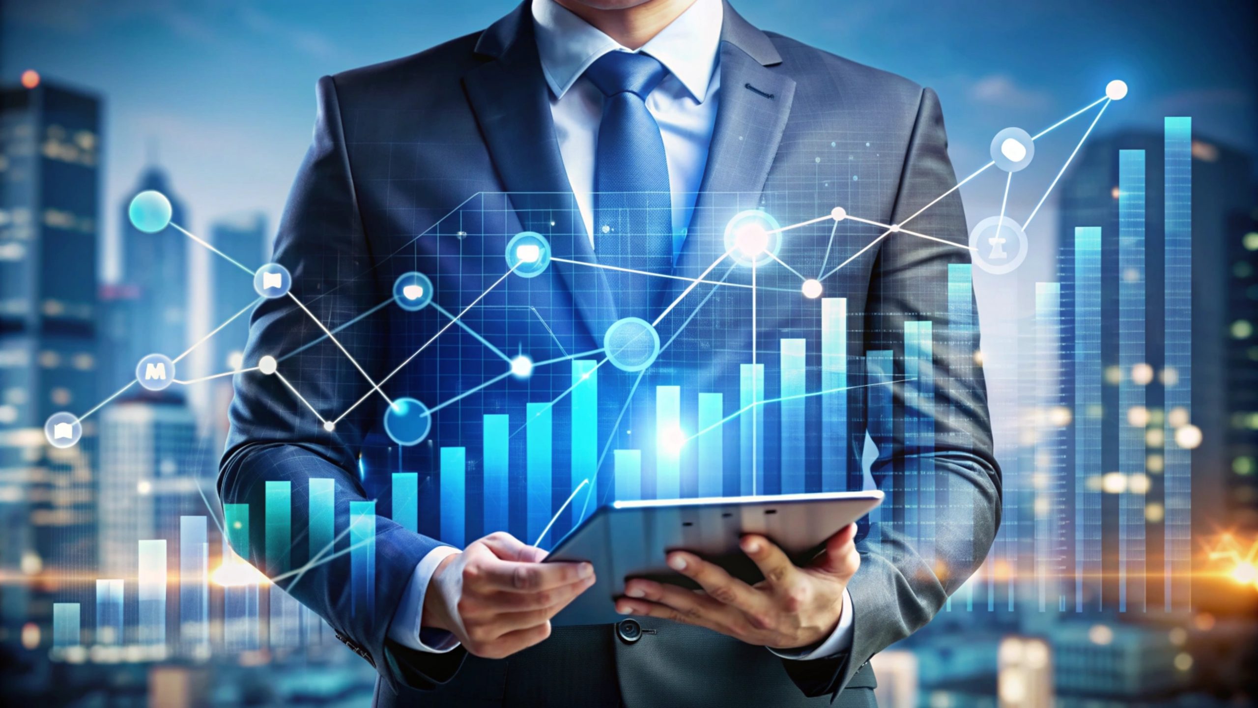 Businessman analyzing financial data on tablet.